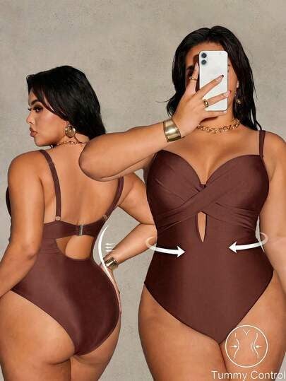 Maiô Sexy de Uma Peça com Cruzamento Frontal em Cor Sólida para Mulheres Plus Size