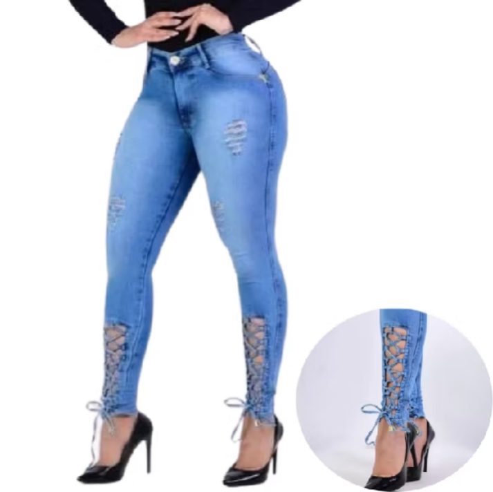 Calça Jeans Feminina Skinny Azul Claro Cintura Alta