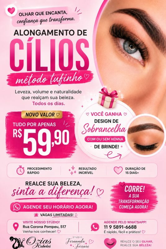 Alongamento de Cílios + Design de Sobrancelhas com Henna Promoção R$ 59,90