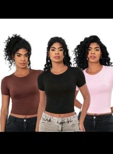 KIT 3 Baby Tee Feminina Blusa Slim Fit Manga Curta Blusa De Compressão Blusa Femina — foto 7
