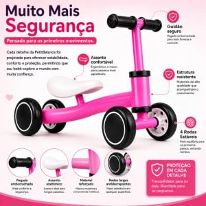 Bicicleta de Equilíbrio Infantil Sem Pedal 4 Rodas Rosa para Bebê 12 Meses Desenvolvimento — foto 3
