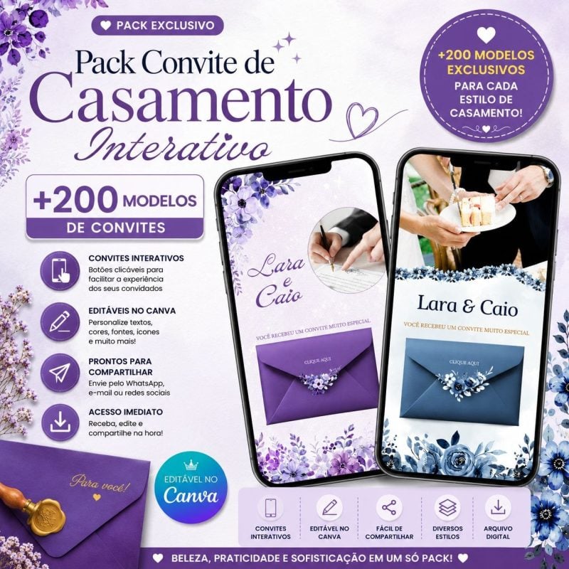 Pack com +200 Modelos de Convites de Casamento Interativos Editáveis no Canva