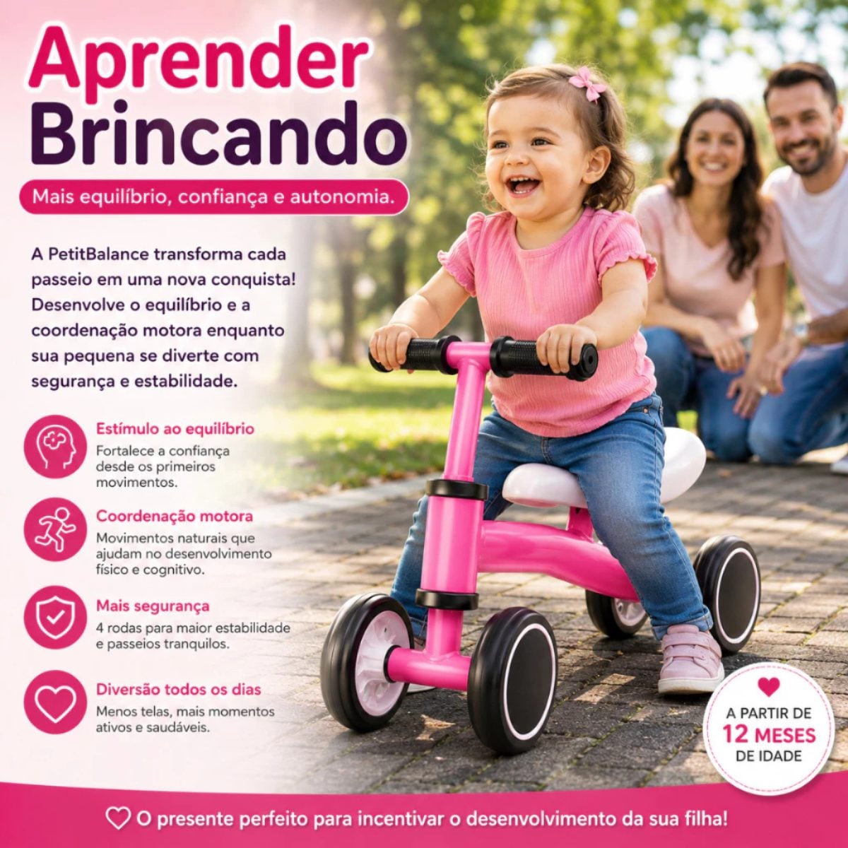 Bicicleta de Equilíbrio Infantil Sem Pedal 4 Rodas Rosa para Bebê 12 Meses Desenvolvimento — foto 2