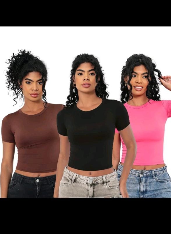 KIT 3 Baby Tee Feminina Blusa Slim Fit Manga Curta Blusa De Compressão Blusa Femina