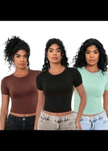 KIT 3 Baby Tee Feminina Blusa Slim Fit Manga Curta Blusa De Compressão Blusa Femina — foto 4