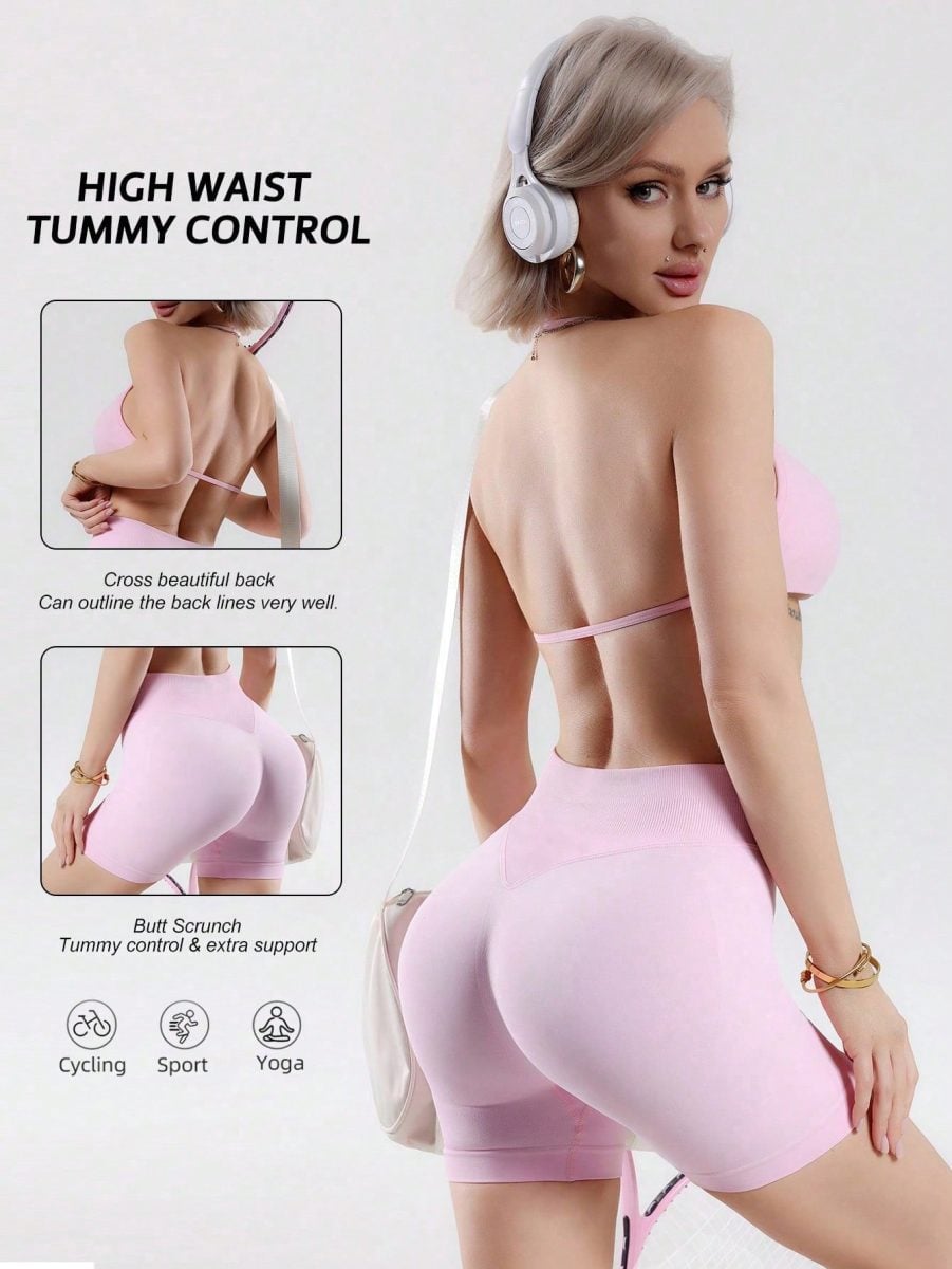Conjunto Feminino de Verão 2 Peças Top Rosa e Shorts Cintura Alta, Adequado para Esportes, — foto 2
