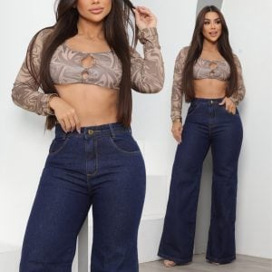 Calça Jeans Feminina Wide Leg Marmorizada Cintura Alta Empina Bumbum — foto 4
