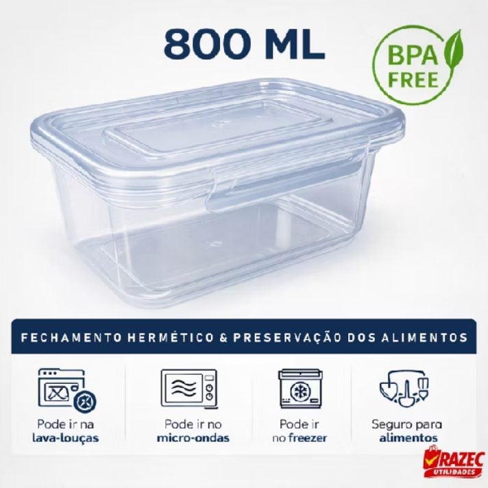 Kit Com 12 Potes Plásticos Retangulares De 800 Ml Com Tampas