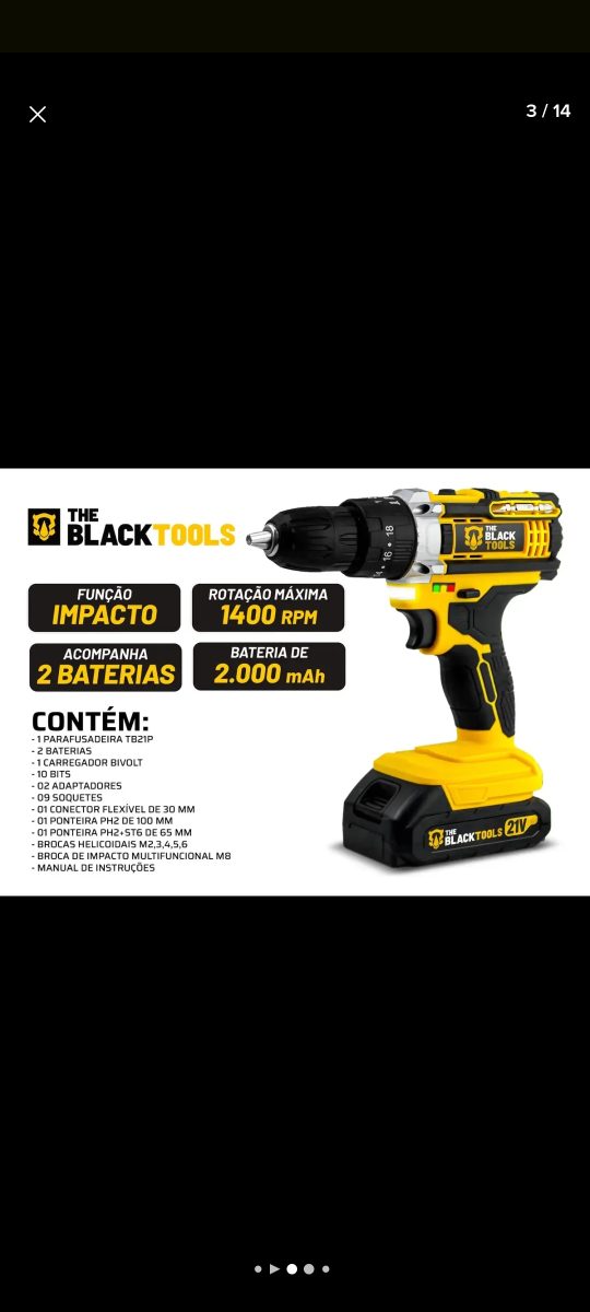 Parafusadeira, furadeira de impacto the Black tools profissional,TB-21 PX 2 baterias — foto 2