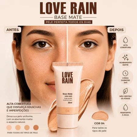 Base Líquida Matte Love Rain Alta Cobertura À Prova D'Água 30ml