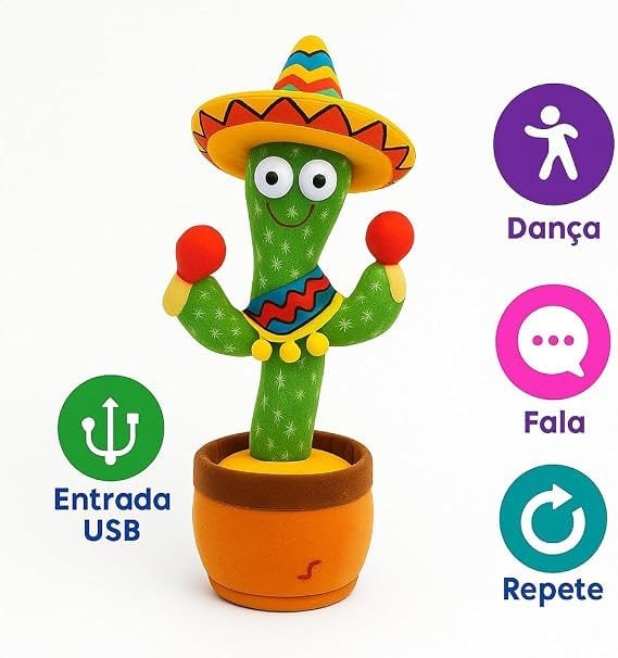 Cacto Dançante e Falante Recarregável USB Repete a Fala, Toca Músicas e Pisca Luzes