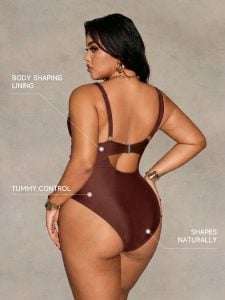Maiô Sexy de Uma Peça com Cruzamento Frontal em Cor Sólida para Mulheres Plus Size — foto 4