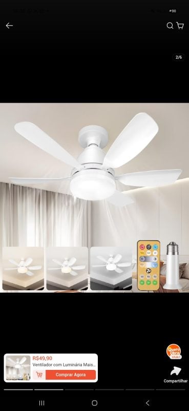 Ventilador com iluminária, com controle remoto