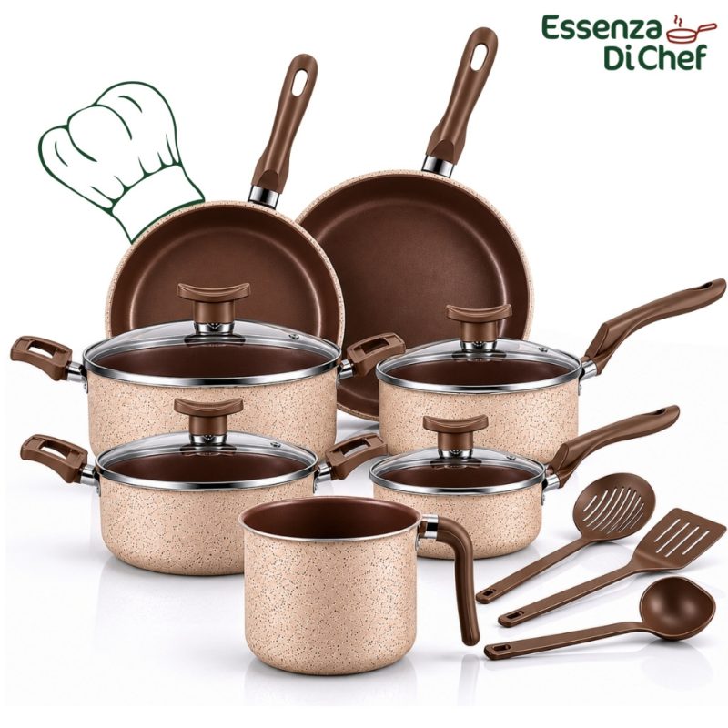 Conjunto de Panelas 10 Peças Alumínio Antiaderente Cappuccino Com Utensílios e Tampa de V