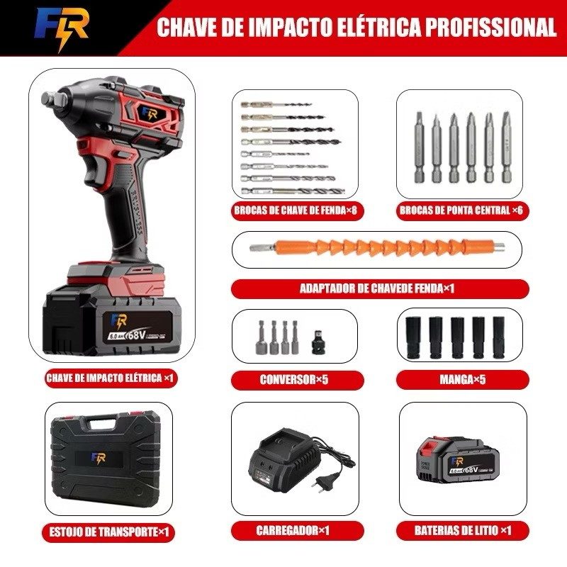 Chave de Impacto Elétrica Sem Fio 3 em 1 Com 68V Bateria Motor Brushless Kit Completo Acessórios