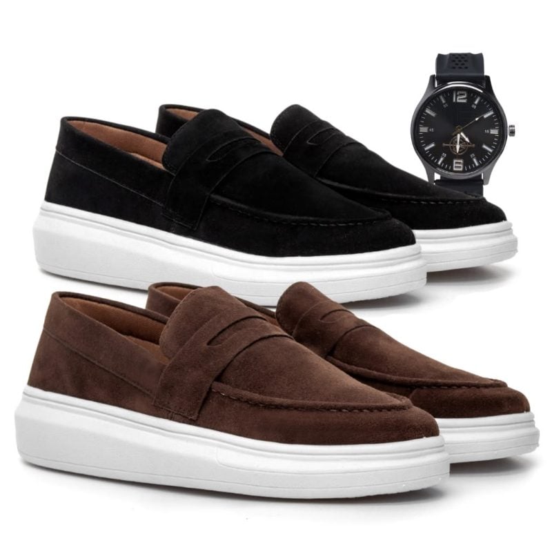 Kit 2 ParesMocassim Masculino Camurça Elegante Social Moda formal Masculina+ Relogio