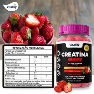 Creatina em Goma Gummy 3g Zero Açúcar 60 Gomas Sabor Morango Vitalizy — foto 3