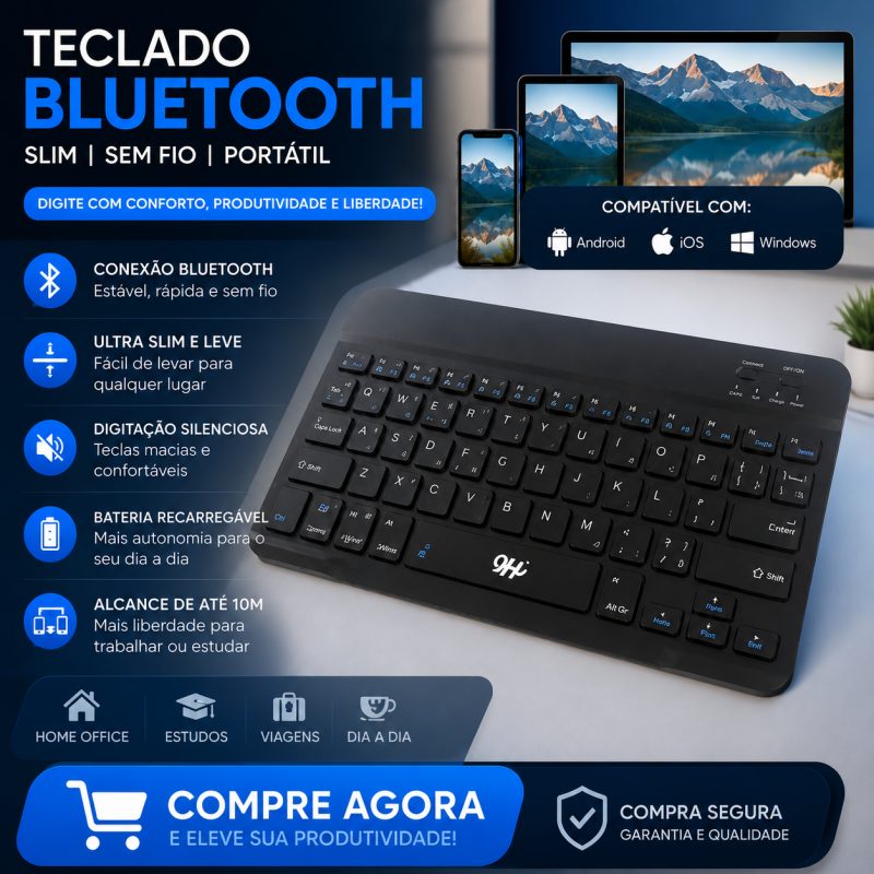 Teclado Bluetooth Portátil Slim 9H Recarregável Portátil para Notebook Android Iphone