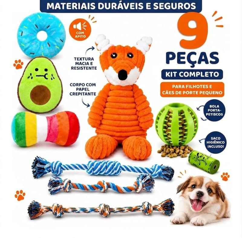 Kit de Brinquedos Para Cachorro Pequeno e Filhote 9 Peças Anti-Estresse e Dentição