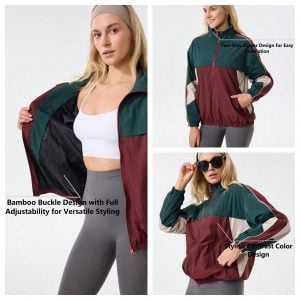 Jaqueta Solta Feminina, Gola Funnel com Blocos de Cor Vintage, Zíper de Duas Vias, Bolsos — foto 5