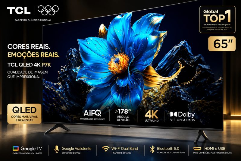  Transforme sua sala em um verdadeiro cinema com a Smart TV TCL 65" QLED 4K P7K!