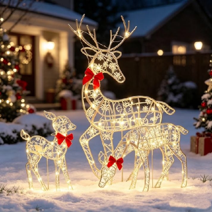 Conjunto 3 Renas de Natal Luminosos com Glitter Ferro Artesanal Decoração Festiva