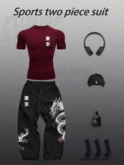 Gym Rark Conjunto de Camiseta de Manga Curta e Calça Esportiva Casual Estampada para Homen