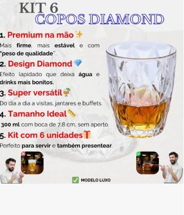 Jogo 6 Copos Diamond 300ml Vidro Grosso Diamante Luxo Moderno Resistente Buffet Casual Bai — foto 2