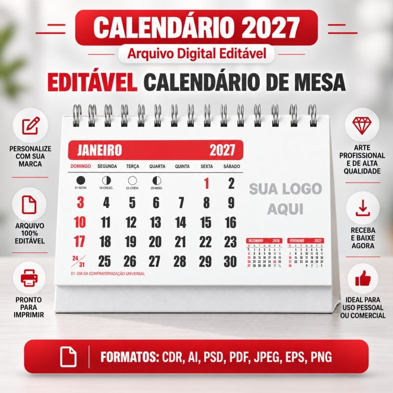 Pack 8 Bases editáveis em vetor de Calendários 2027 Cdr - Ilustrator - Photoshop