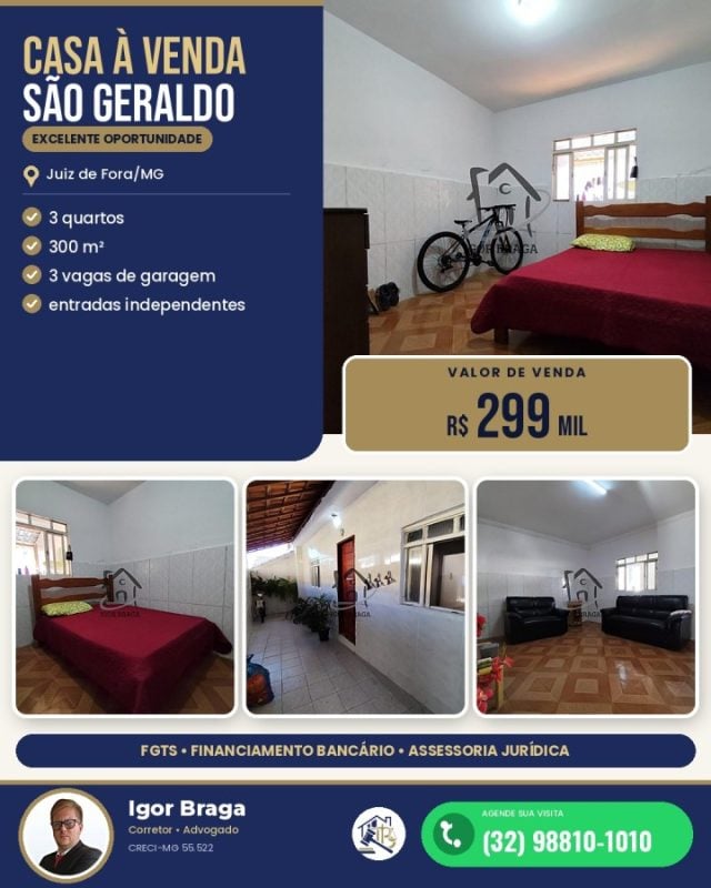 Casa para Venda em Juiz de Fora, São Geraldo, 3 dormitórios, 1 suíte, 3 banheiros, 3 vagas