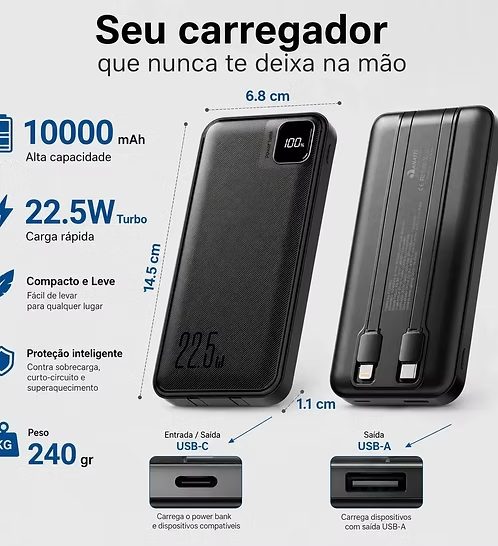 Power Bank 10.000mAh Turbo 22,5W com Display Digital e Cabos Integrados Power Bank 10.000m — foto 2