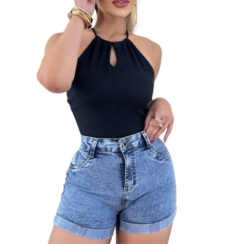 Short Jeans Feminino Comfort Cintura Alta com Lycra Escuro