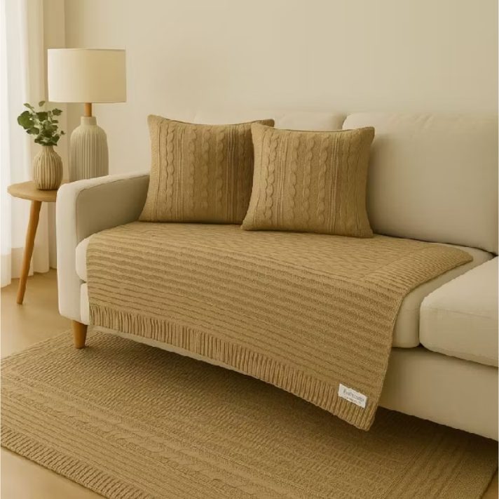 Kit Manta Tricot Californian Style Luxo 3D Tranças + 2 Capas de Almofada Sofá e Cama