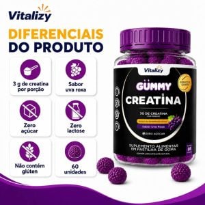 Creatina em Goma Gummy 3g Zero Açúcar 60 Gomas Sabor Uva Roxa Vitalizy — foto 4