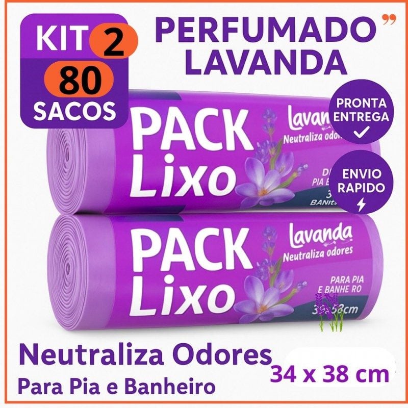 Saco de Lixo Perfumado ,Kit 2 com 80 Sacos ,Para Pia e Banheiro , 34x38cm , Lavanda — foto 2