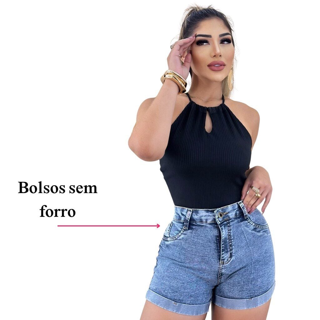 Short Jeans Feminino Comfort Cintura Alta com Lycra Escuro — foto 2