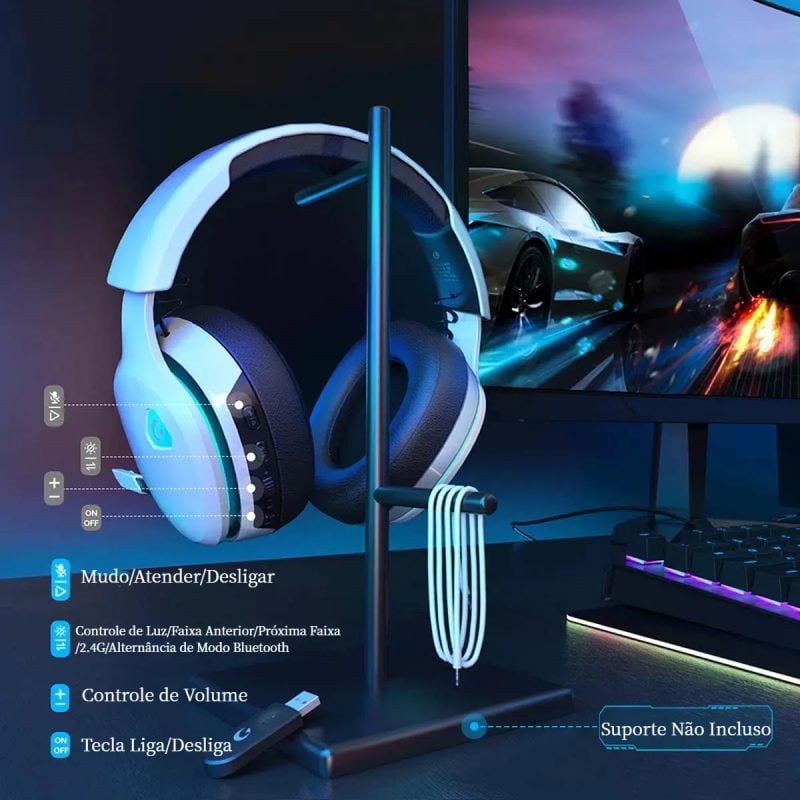 Fone De Ouvido Gamer Headset USB Olafvi Captain 300 Com Fio Branco