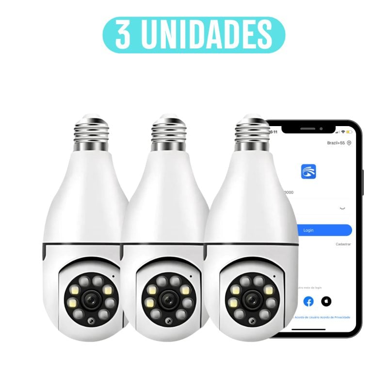 3 UNIDADES - Câmeras Lâmpadas de Segurança Vigilância IP Wi-Fi 360° Visão Noturna FullHD