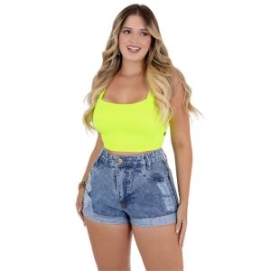 Short Jeans Feminino Soft Chuviscado Cós Alto Barra Dobrada — foto 4