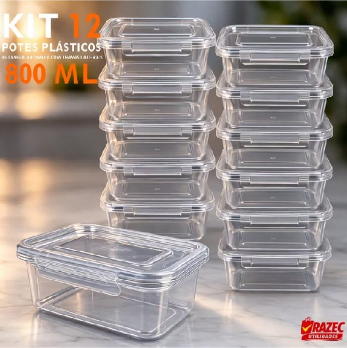 Kit Com 12 Potes Plásticos Retangulares De 800 Ml Com Tampas — foto 2