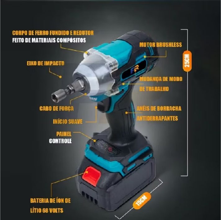 Chave de Impacto Elétrica Sem Fio 3 em 1 Com 68V Bateria Motor Brushless Kit Completo Acessórios