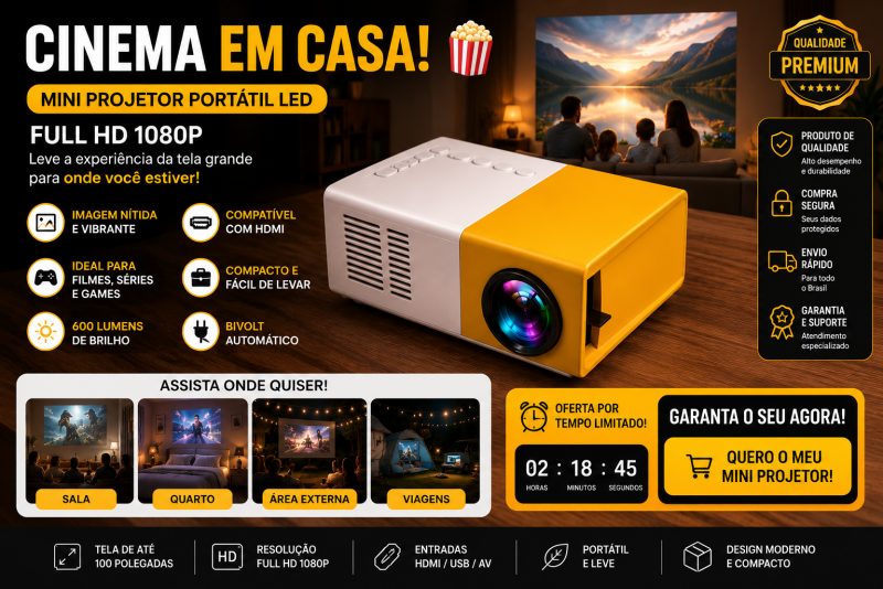 AMARELO/BRANCO - Mini Projetor Portátil Led 1080p com saida HDMI - 600 Lumens