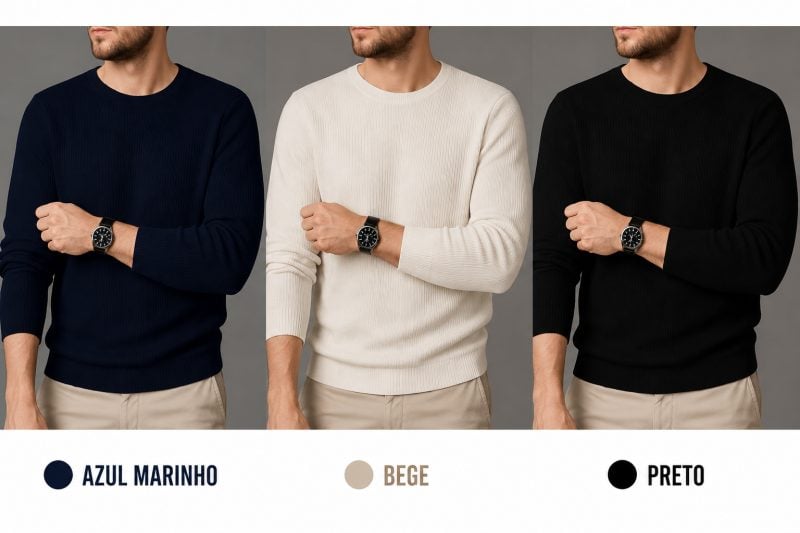 Suéter Masculino de Tricô Premium Azul Marinho, Bege e Preto