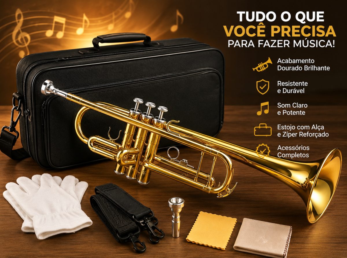 Trompete Profissional Si Bemol Bb Dourado Laqueado Com Case — foto 2