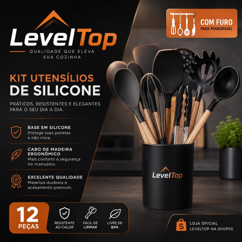 Jogo 12 Peças Utensílios Silicone Cabo Madeira Fouet Pegador