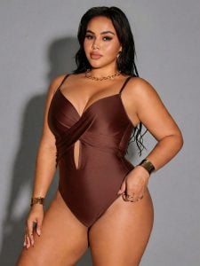 Maiô Sexy de Uma Peça com Cruzamento Frontal em Cor Sólida para Mulheres Plus Size — foto 5