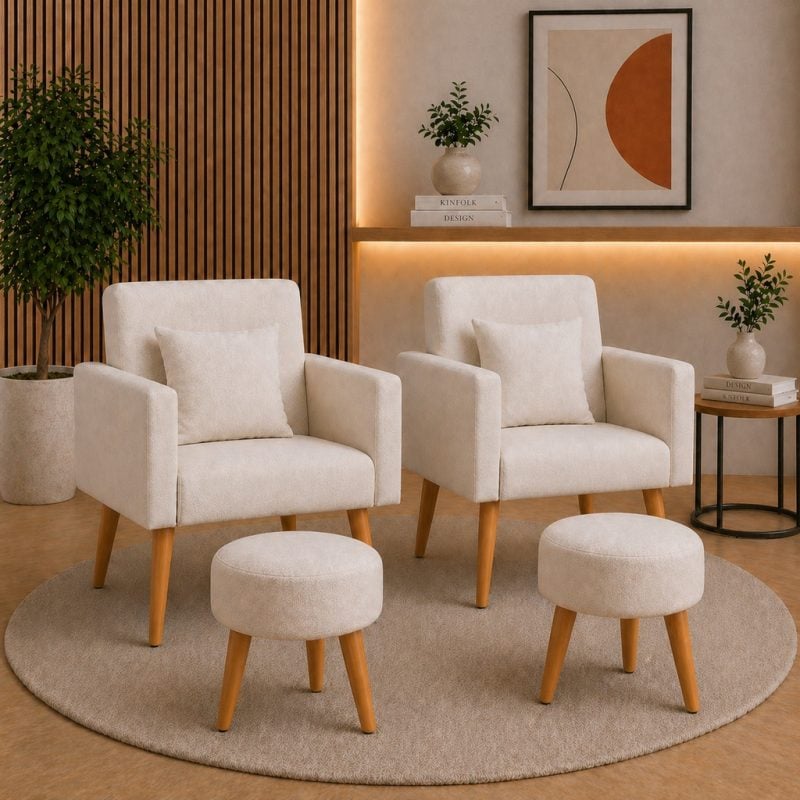 Kit 2 poltronas decorativas para sala nina e 1 puff redondo
