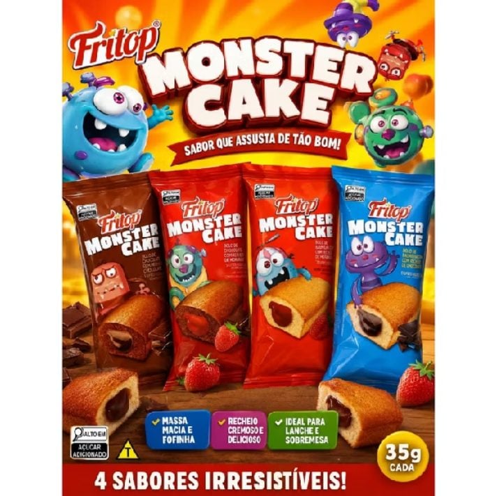 Bolinho recheado monster cake. Caixa com 15un de 35g