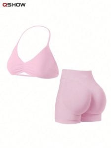 Conjunto Feminino de Verão 2 Peças Top Rosa e Shorts Cintura Alta, Adequado para Esportes, — foto 7