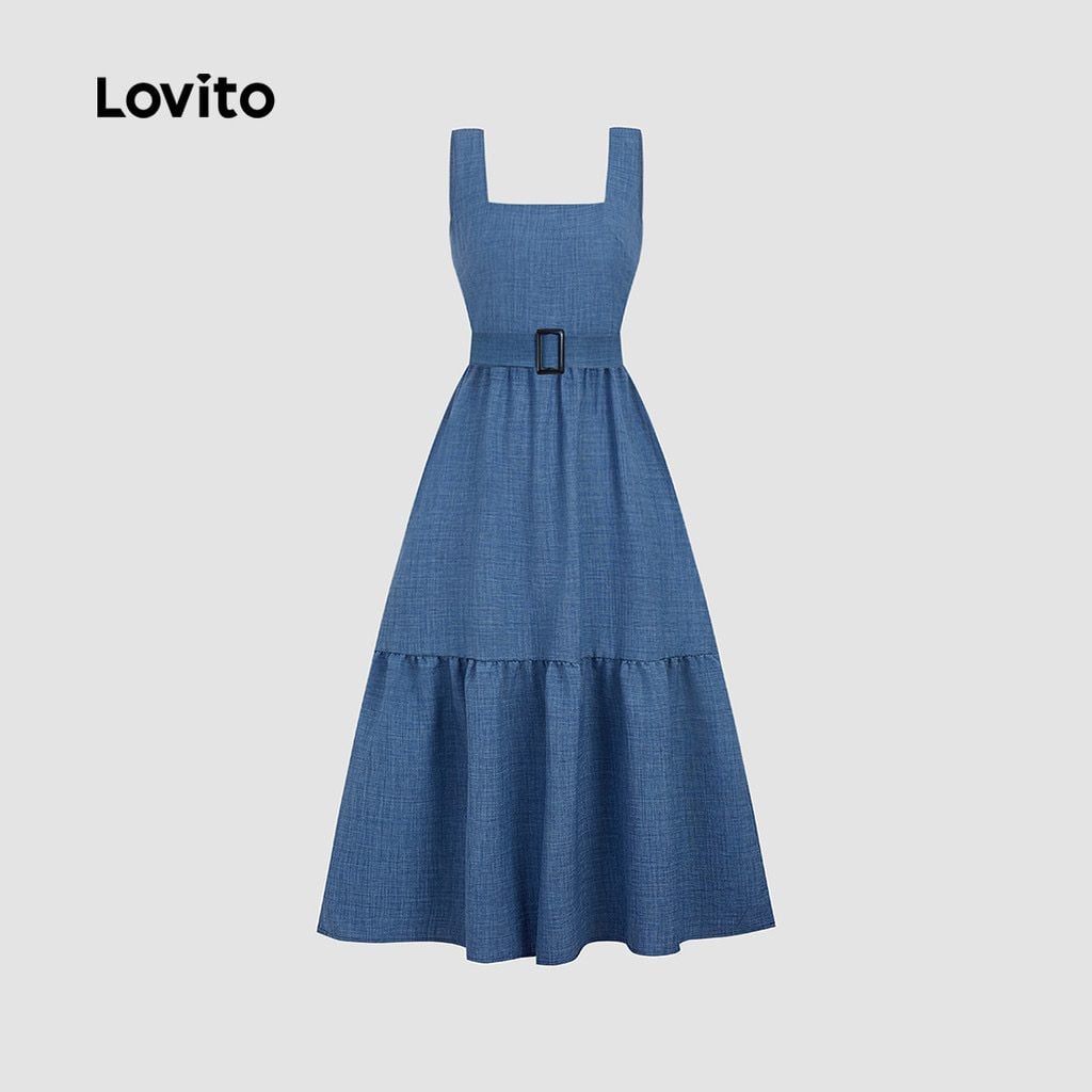 Lovito Elegante Vestido com Zíper e Cinto Barra com Babado Vestido Azul Primavera/verão p — foto 2
